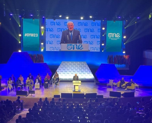 Bertie Ahern addressing delegates at the One Young World Summit Belfast 2023