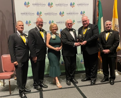 Bertie Ahern receiving 2023 Sean MacBride Humanitarian Award from The Ancient Order of Hibernians Organisation Pictured with National President Daniel J. O’Connell, Sean Pender Vice President, Consul General Helena Nolan, Ray Lynch National Secretary, Liam McNabb Treasurer