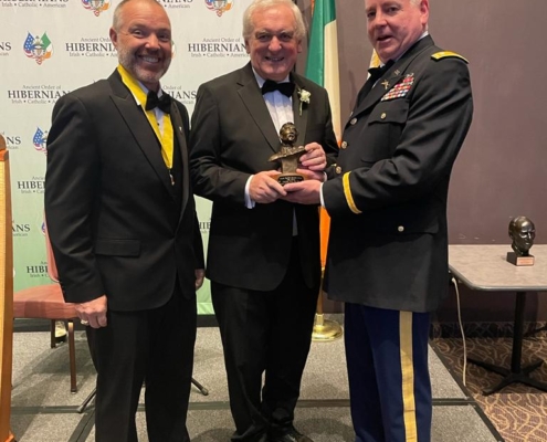 Bertie Ahern receiving 2023 Sean MacBride Humanitarian Award from The Ancient Order of Hibernians Organisation Pictured with Bobby Mehrens, AOH National Director, Patrick Flaherty, AOH Veteran's Affairs Chair