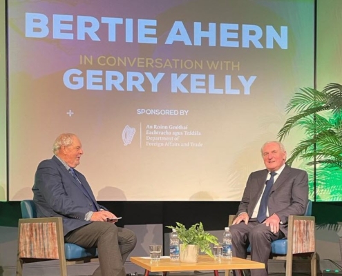 Bertie Ahern in conversation with Gerry Kelly at the Saint Patrick Centre Downpatrick