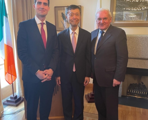 Bertie Ahern, with Japanese Ambassador Maruyama, and Minister Jack Chambers at the Emperors Birthday Reception