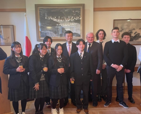 Bertie Ahern, with Japanese Ambassador Maruyama, and group of children at the Emperors Birthday Reception